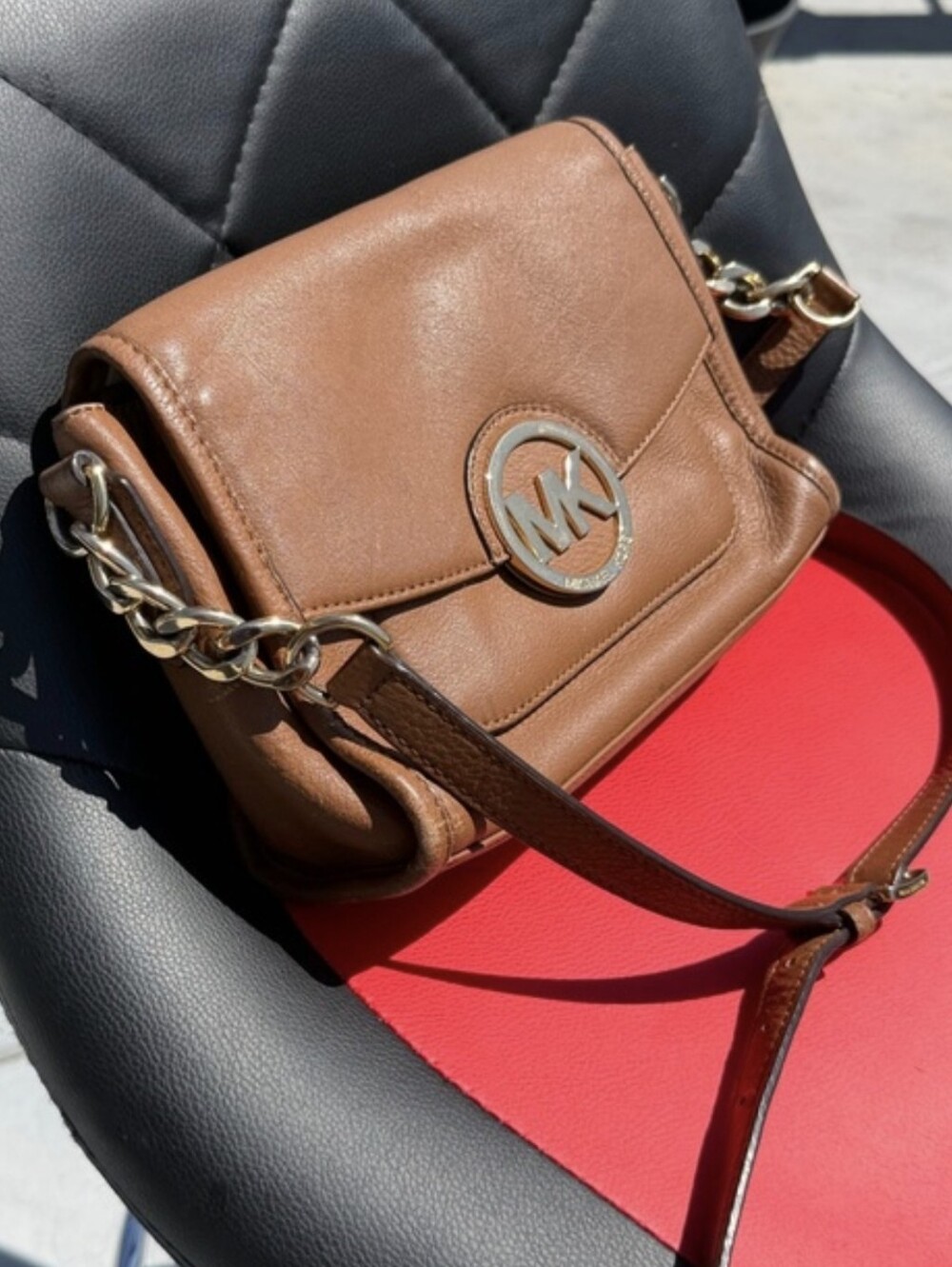 Michael Kors Tan Leather Crossbody with Gold MK Emblem